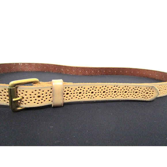 J Crew Beige Tan Perforated Leather Brass Buckle Belt Women Sz L, 34"-38" - Picture 2 of 9